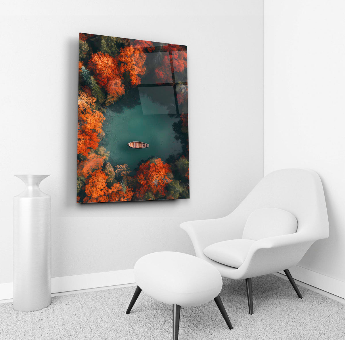 Aerial Autumn Lake with Rowboat Glass Wall Art in a living room interior