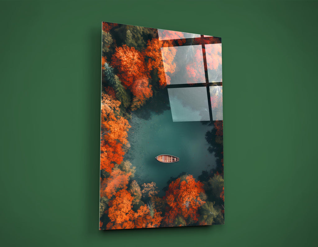 Aerial Autumn Lake with Rowboat Glass Wall Art on the wall