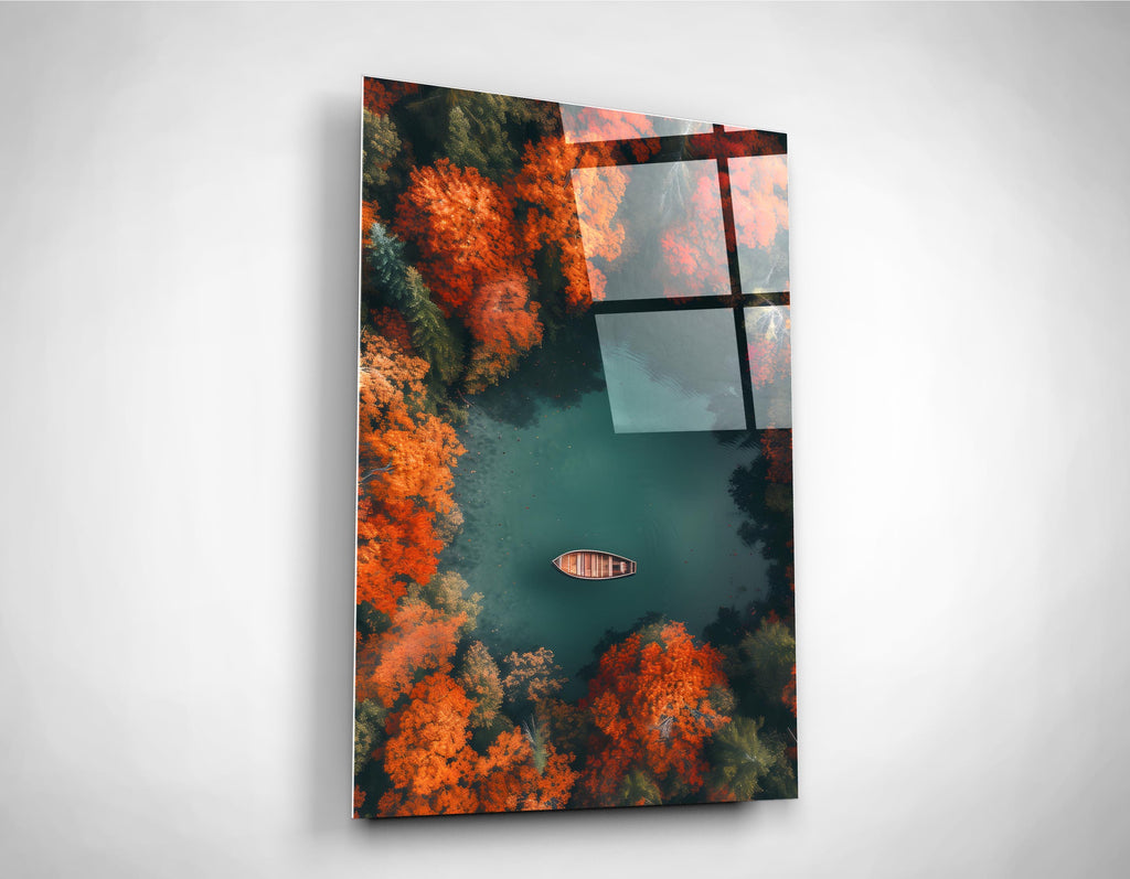 Aerial Autumn Lake with Rowboat Glass Wall Art close-up