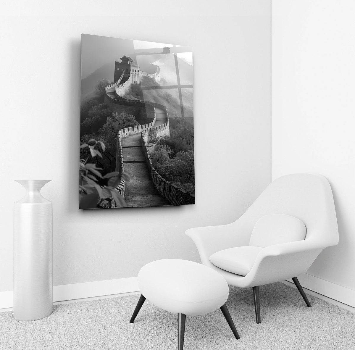 Great Wall of China in Mist Glass Wall Art in a living room interior