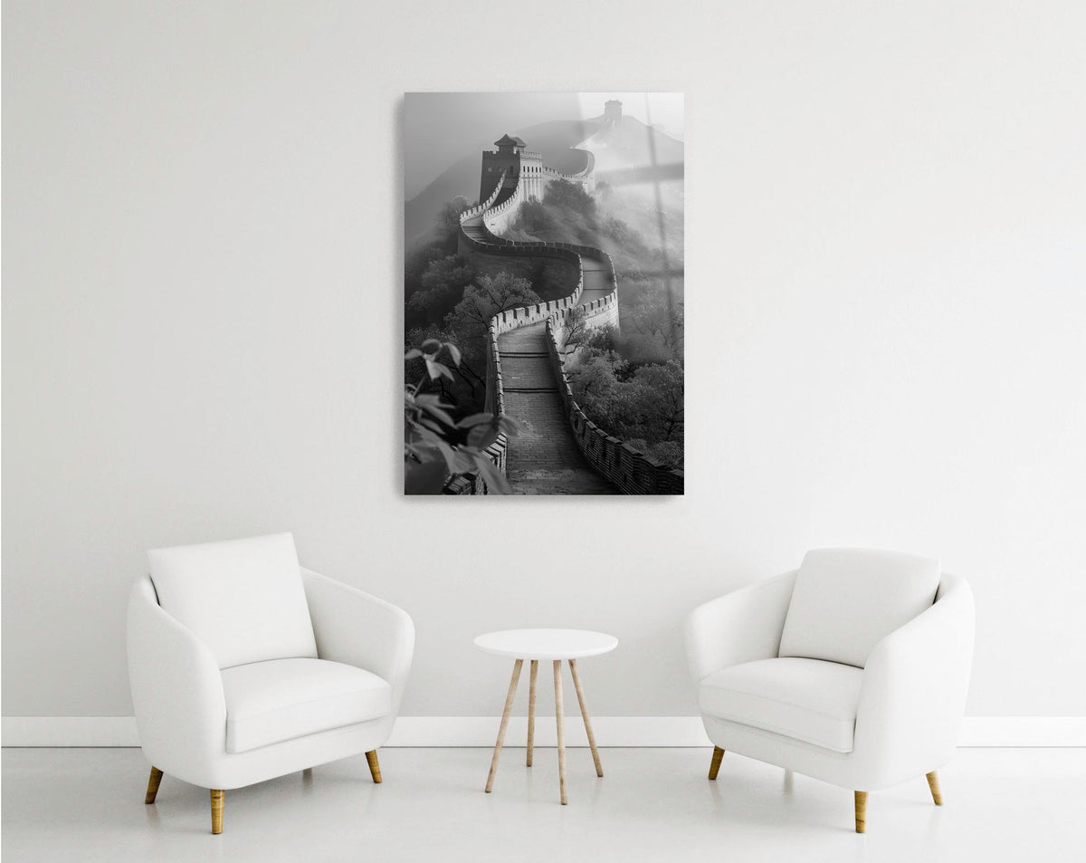 Great Wall of China in Mist Glass Wall Art in a modern interior