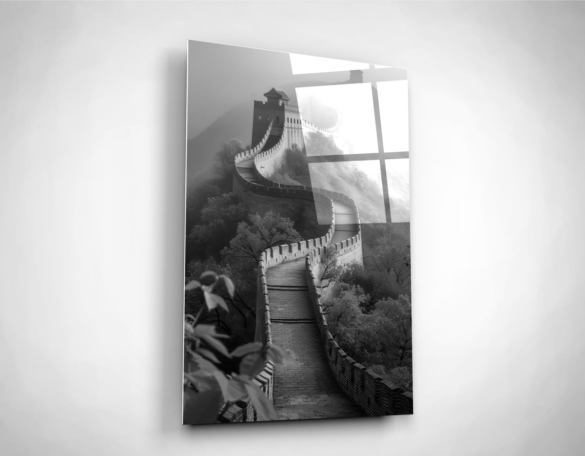 Great Wall of China in Mist Glass Wall Art close-up