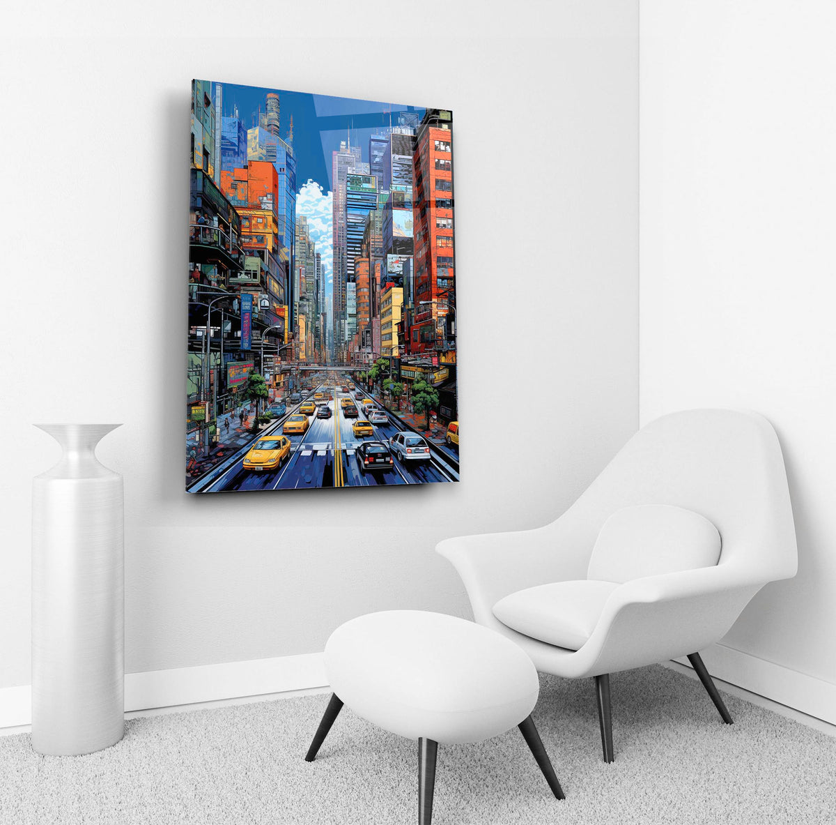 Vibrant City Street With Yellow Taxis Glass Wall Art in a living room interior