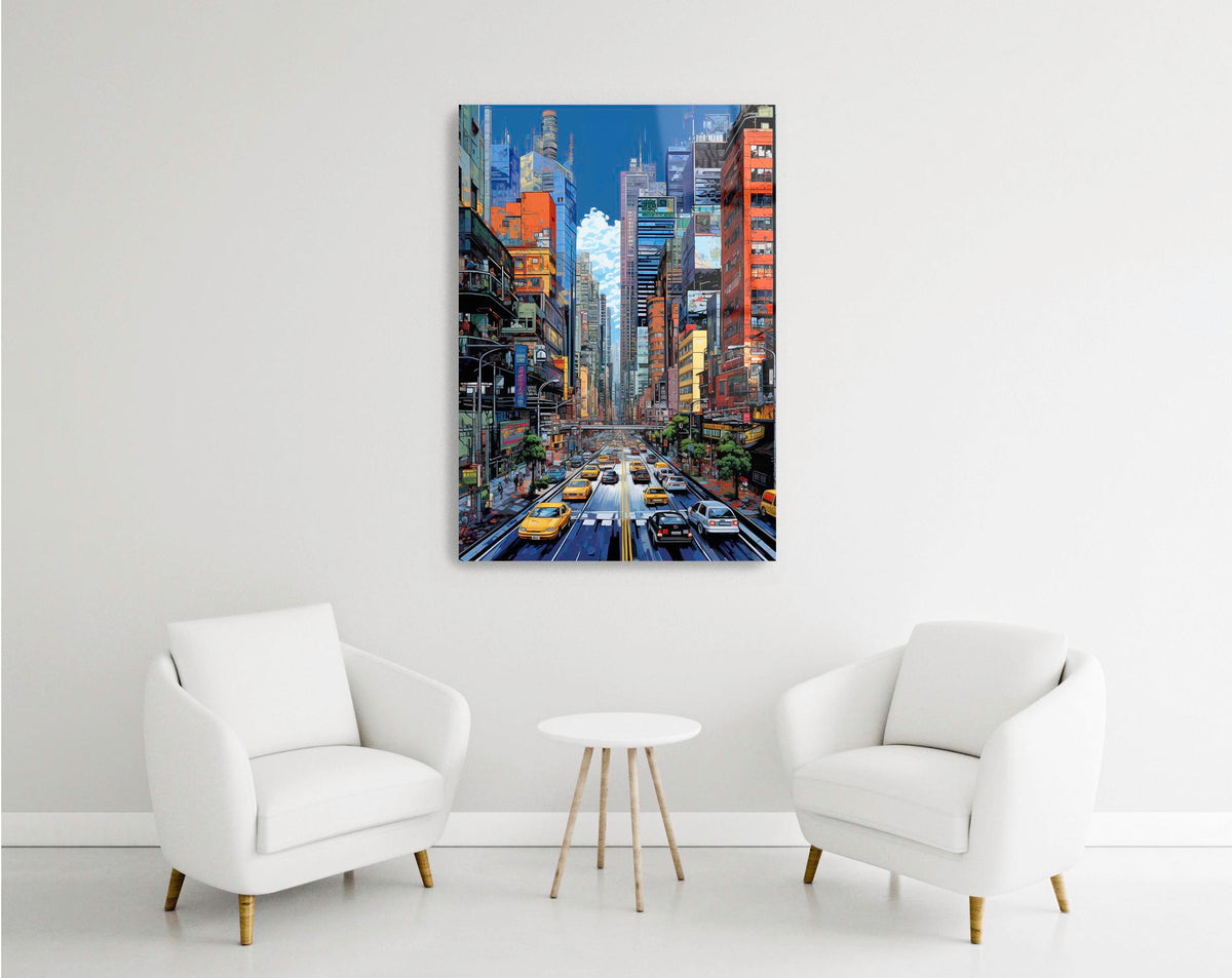 Vibrant City Street With Yellow Taxis Glass Wall Art in a modern interior