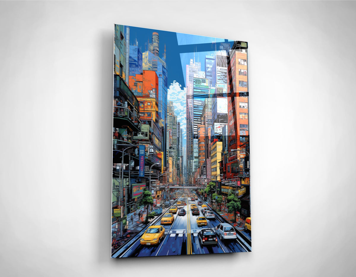 Vibrant City Street With Yellow Taxis Glass Wall Art on the wall