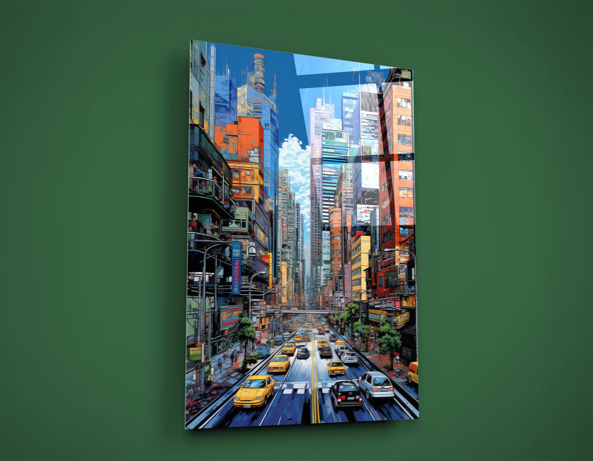 Vibrant City Street With Yellow Taxis Glass Wall Art close-up