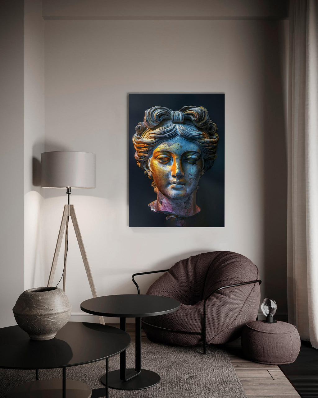 Colorful Greek Goddess Bust Glass Wall Art in a living room interior