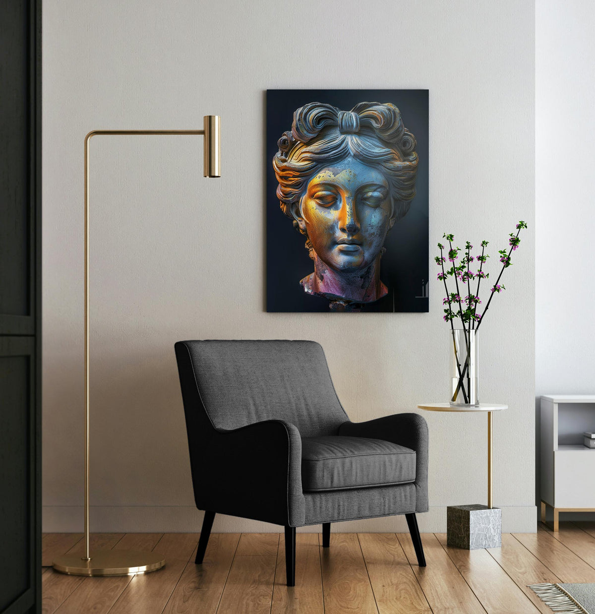 Colorful Greek Goddess Bust Glass Wall Art in a modern interior