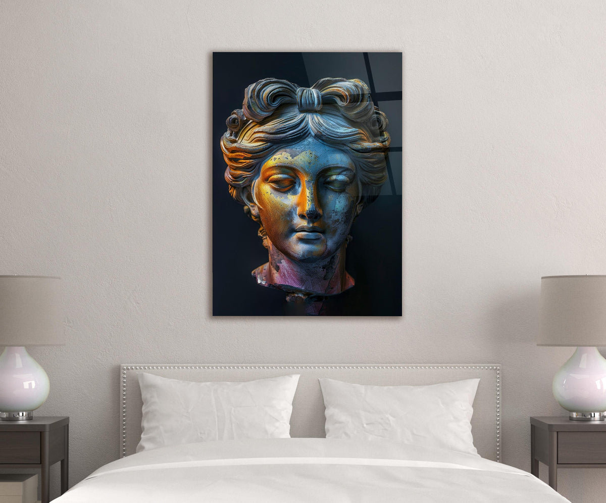 Colorful Greek Goddess Bust Glass Wall Art on the wall