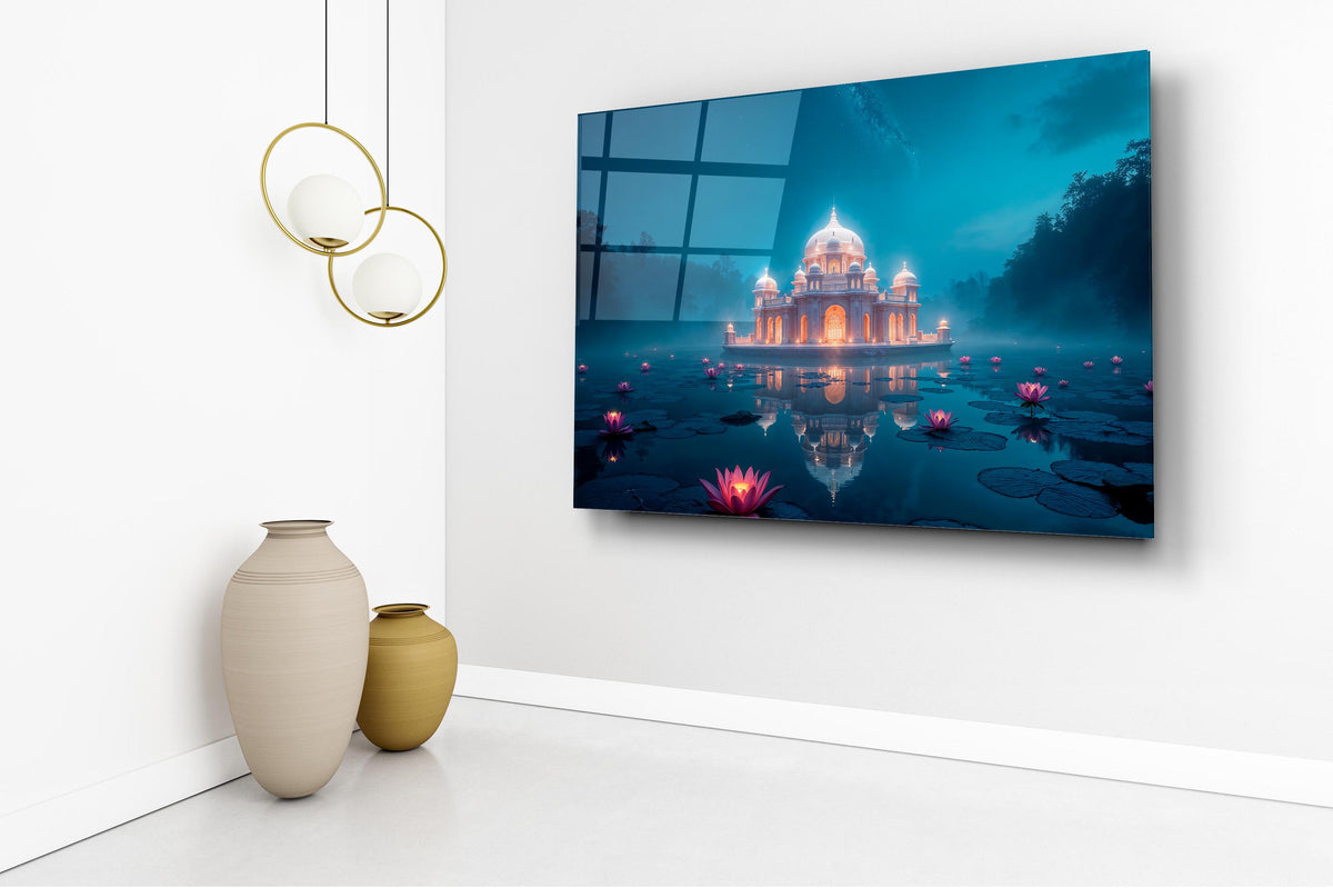 Moonlit Palace and Lotus Lake Glass Wall Art in a living room interior