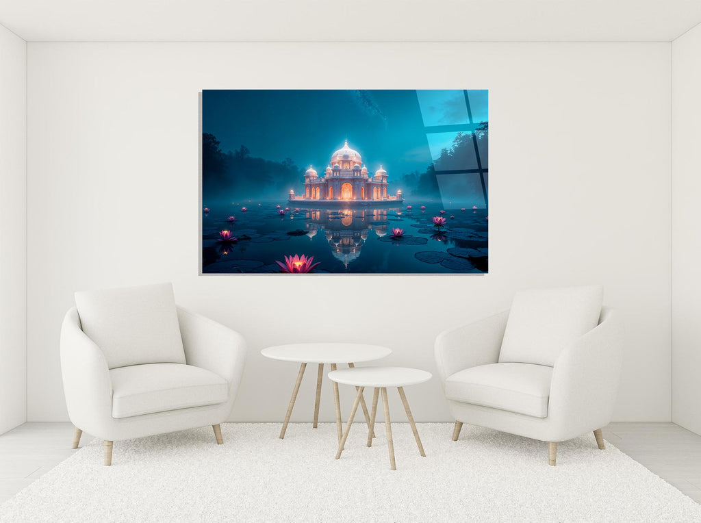 Moonlit Palace and Lotus Lake Glass Wall Art in a modern interior