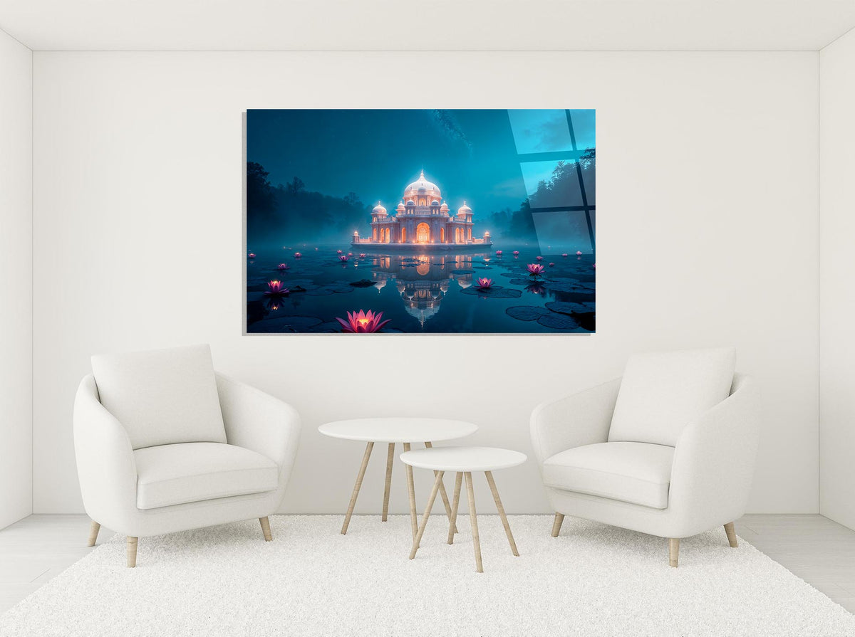 Moonlit Palace and Lotus Lake Glass Wall Art in a modern interior