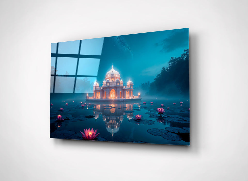 Moonlit Palace and Lotus Lake Glass Wall Art on the wall