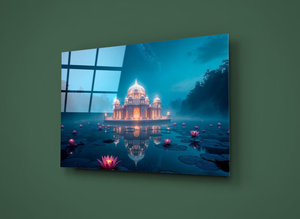 Moonlit Palace and Lotus Lake Glass Wall Art close-up