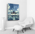 Jet Airliner Takeoff Illustration Glass Wall Art in a living room interior