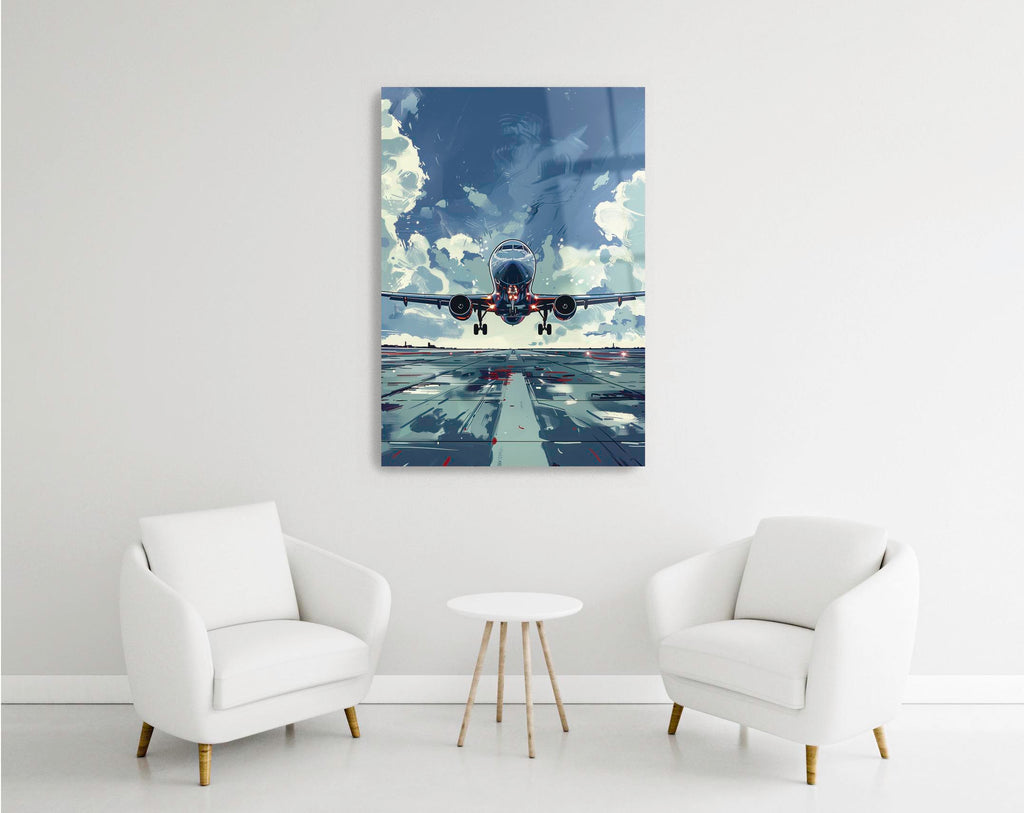 Jet Airliner Takeoff Illustration Glass Wall Art in a modern interior