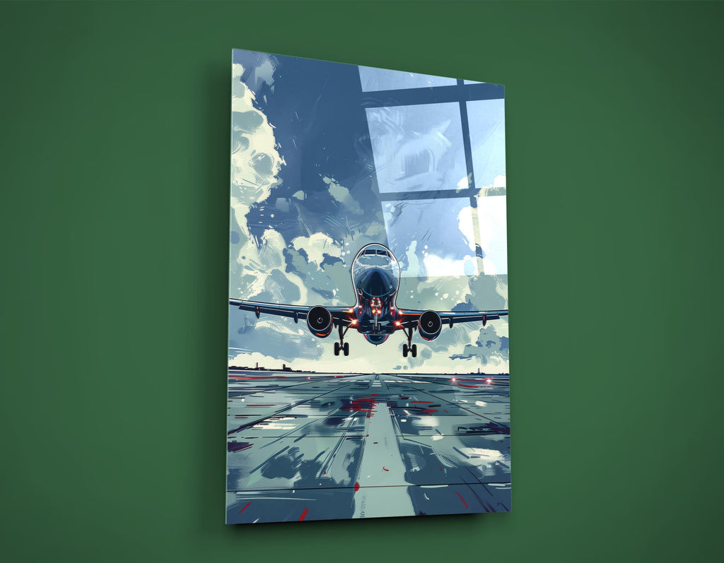 Jet Airliner Takeoff Illustration Glass Wall Art on the wall
