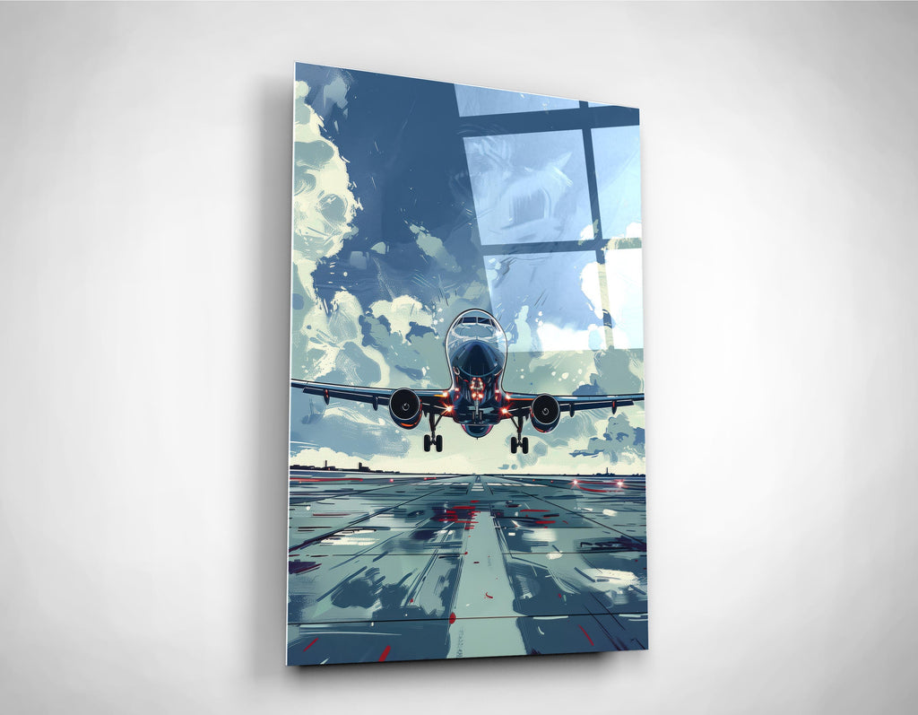 Jet Airliner Takeoff Illustration Glass Wall Art close-up