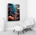 Coral Reef Underwater Glass Wall Art in a living room interior