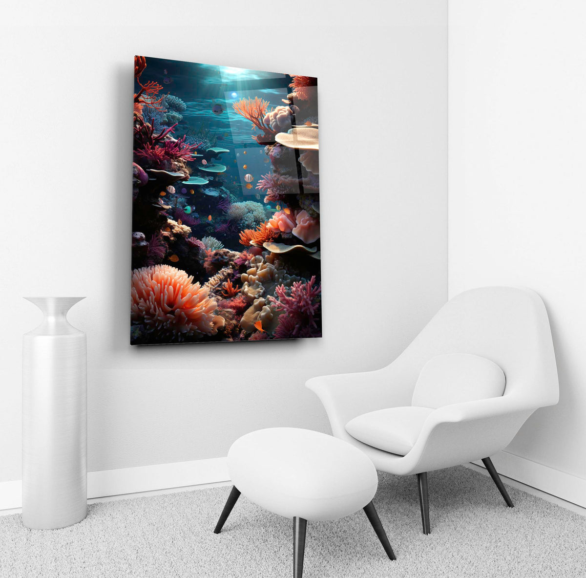 Coral Reef Underwater Glass Wall Art in a living room interior
