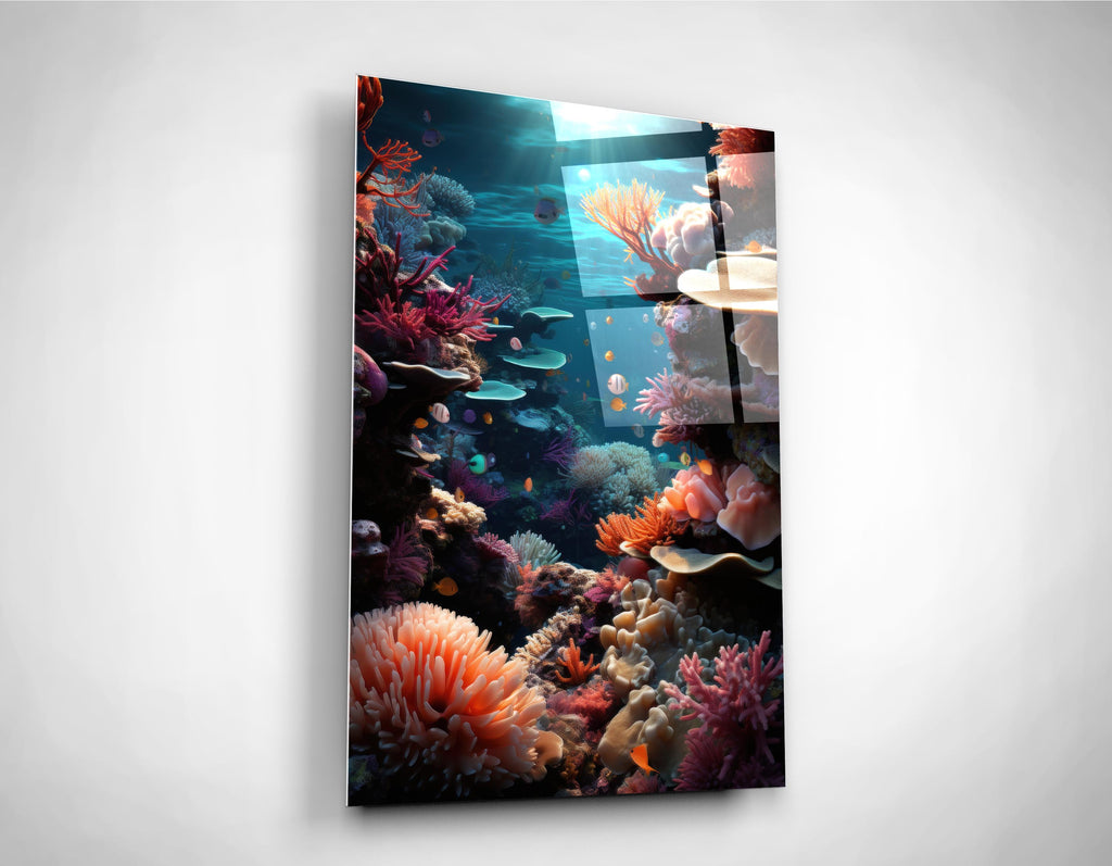 Coral Reef Underwater Glass Wall Art on the wall