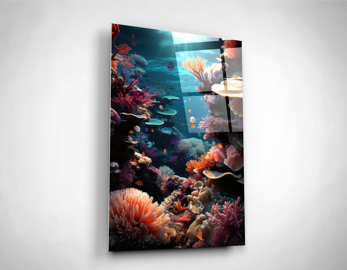 Coral Reef Underwater Glass Wall Art on the wall