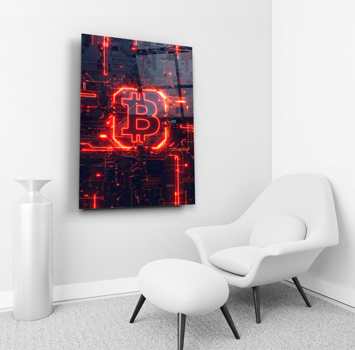 Red Neon Bitcoin Circuit Glass Wall Art in a living room interior