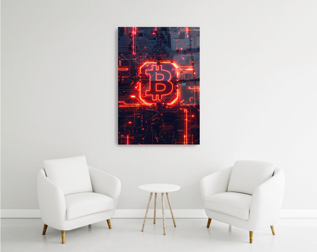 Red Neon Bitcoin Circuit Glass Wall Art in a modern interior