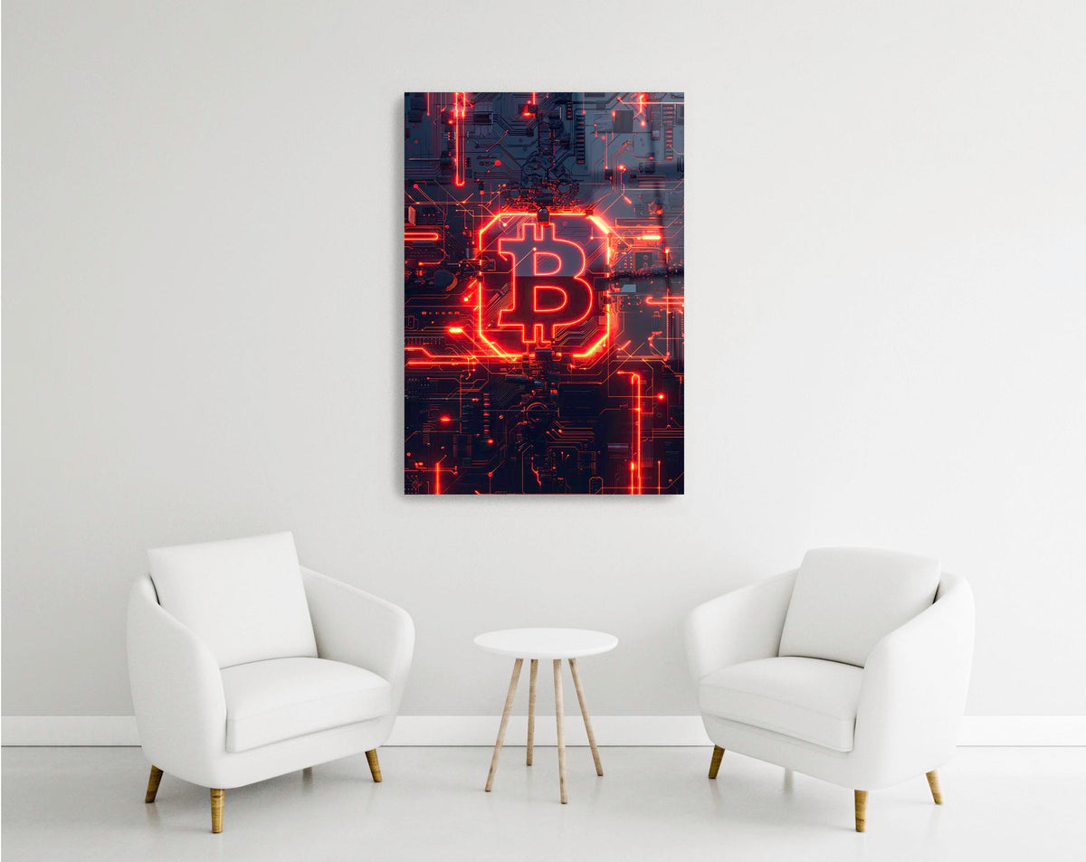Red Neon Bitcoin Circuit Glass Wall Art in a modern interior