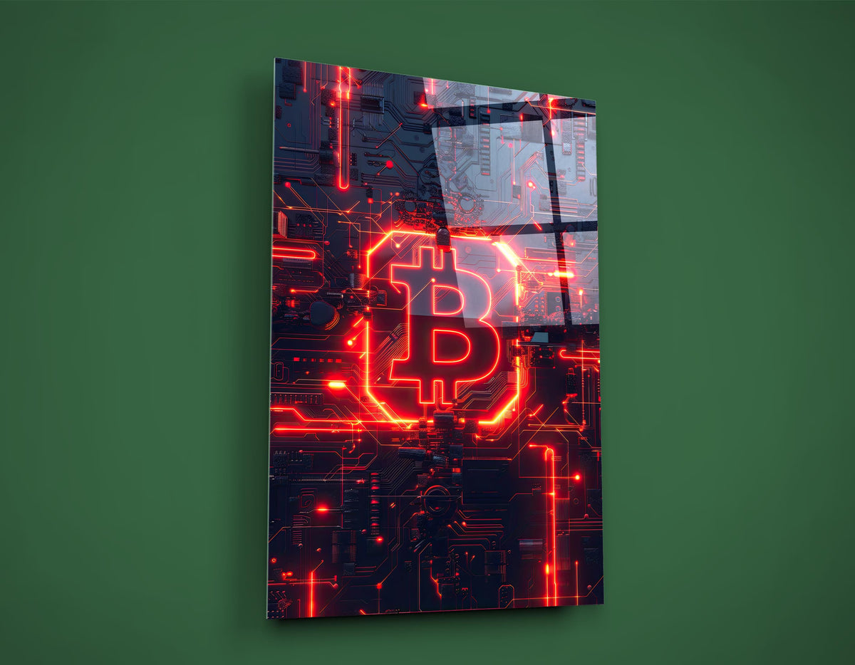 Red Neon Bitcoin Circuit Glass Wall Art on the wall
