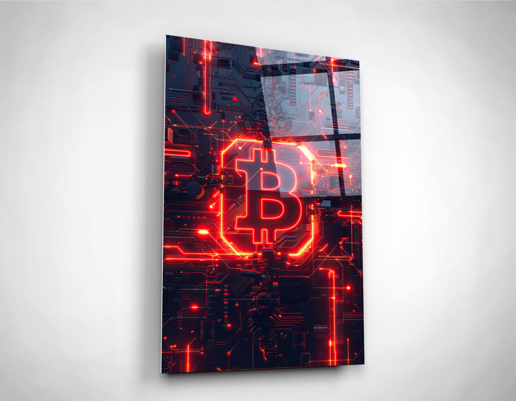 Red Neon Bitcoin Circuit Glass Wall Art close-up