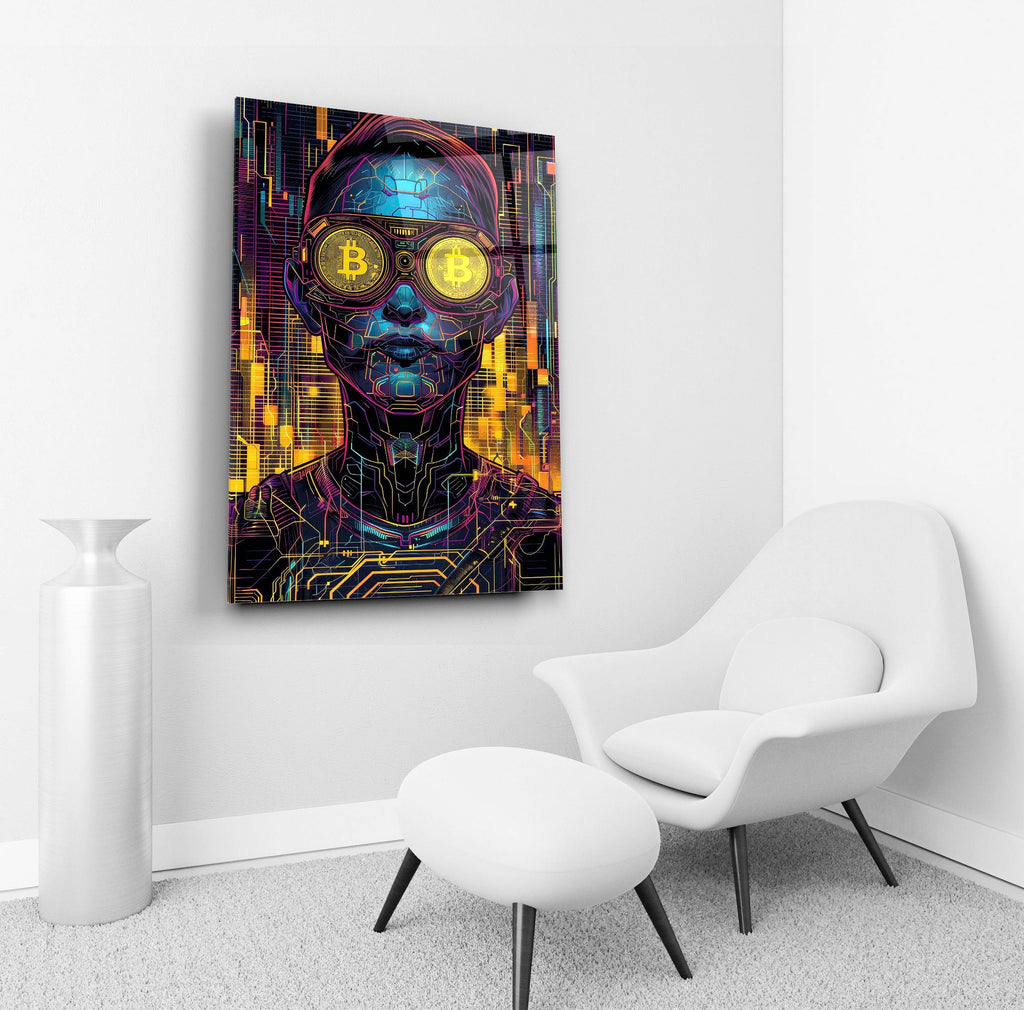 Cyberpunk Bitcoin Goggles Portrait Glass Wall Art in a living room interior