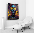 Cyberpunk Bitcoin Goggles Portrait Glass Wall Art in a living room interior