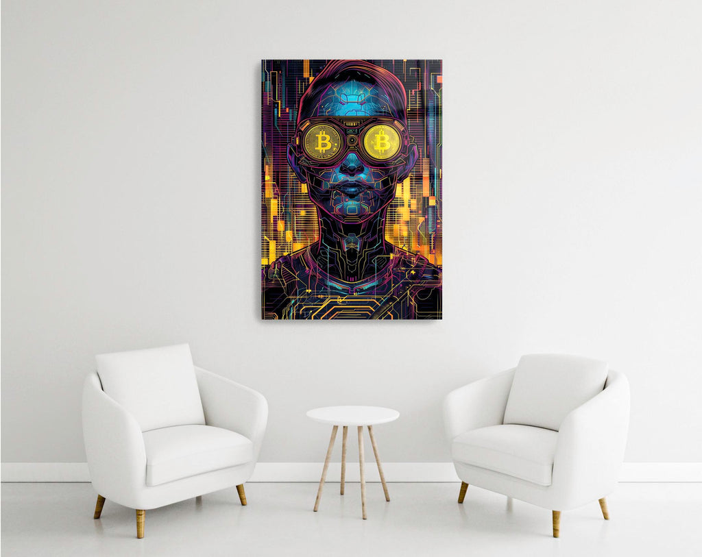 Cyberpunk Bitcoin Goggles Portrait Glass Wall Art in a modern interior
