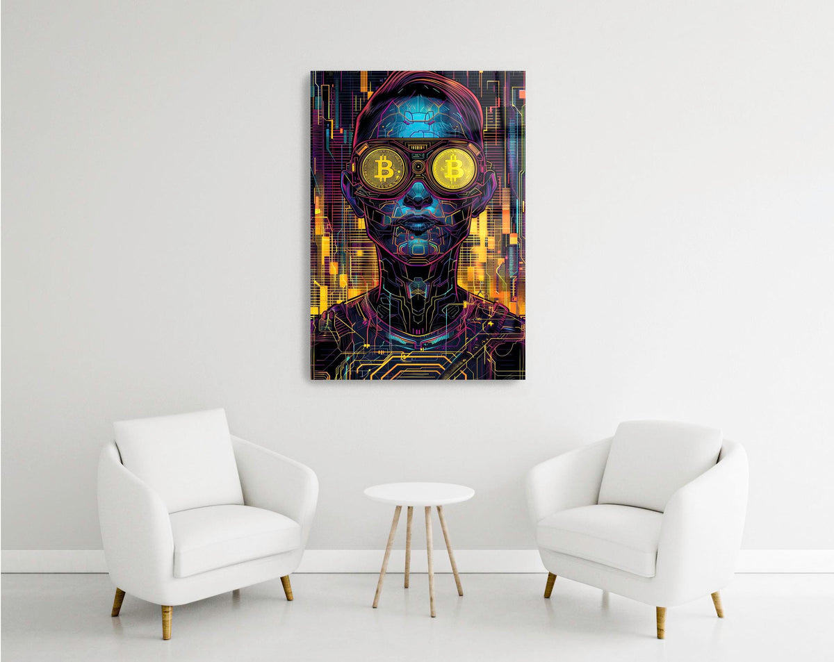 Cyberpunk Bitcoin Goggles Portrait Glass Wall Art in a modern interior