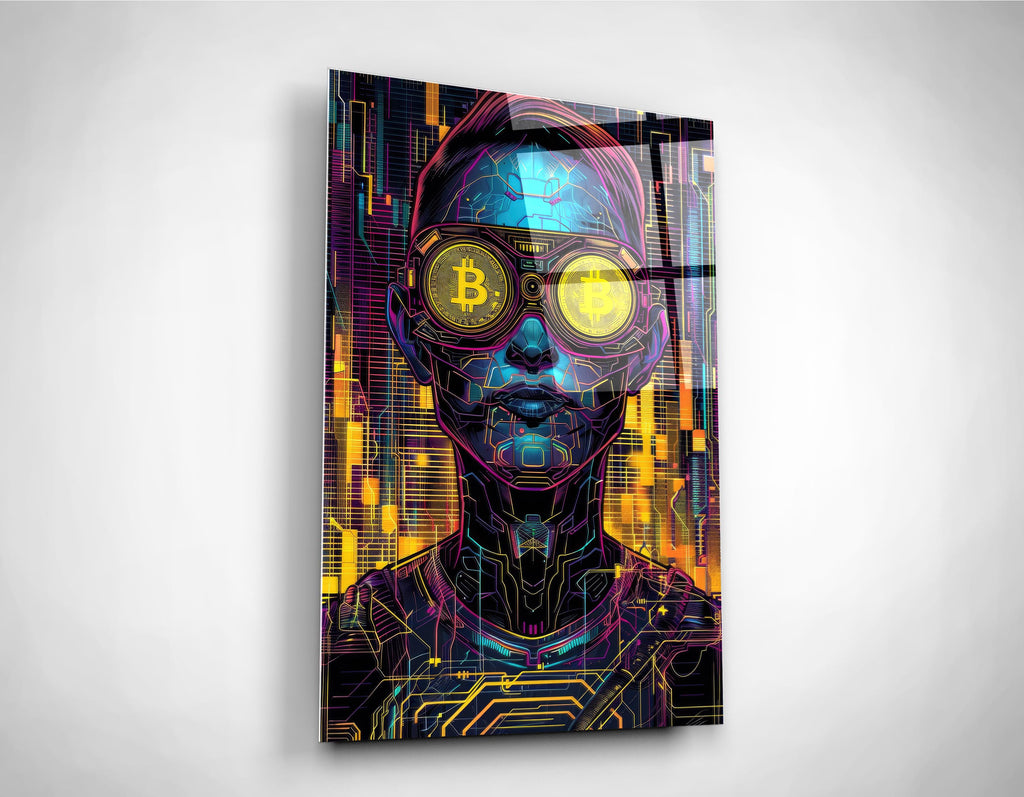 Cyberpunk Bitcoin Goggles Portrait Glass Wall Art on the wall