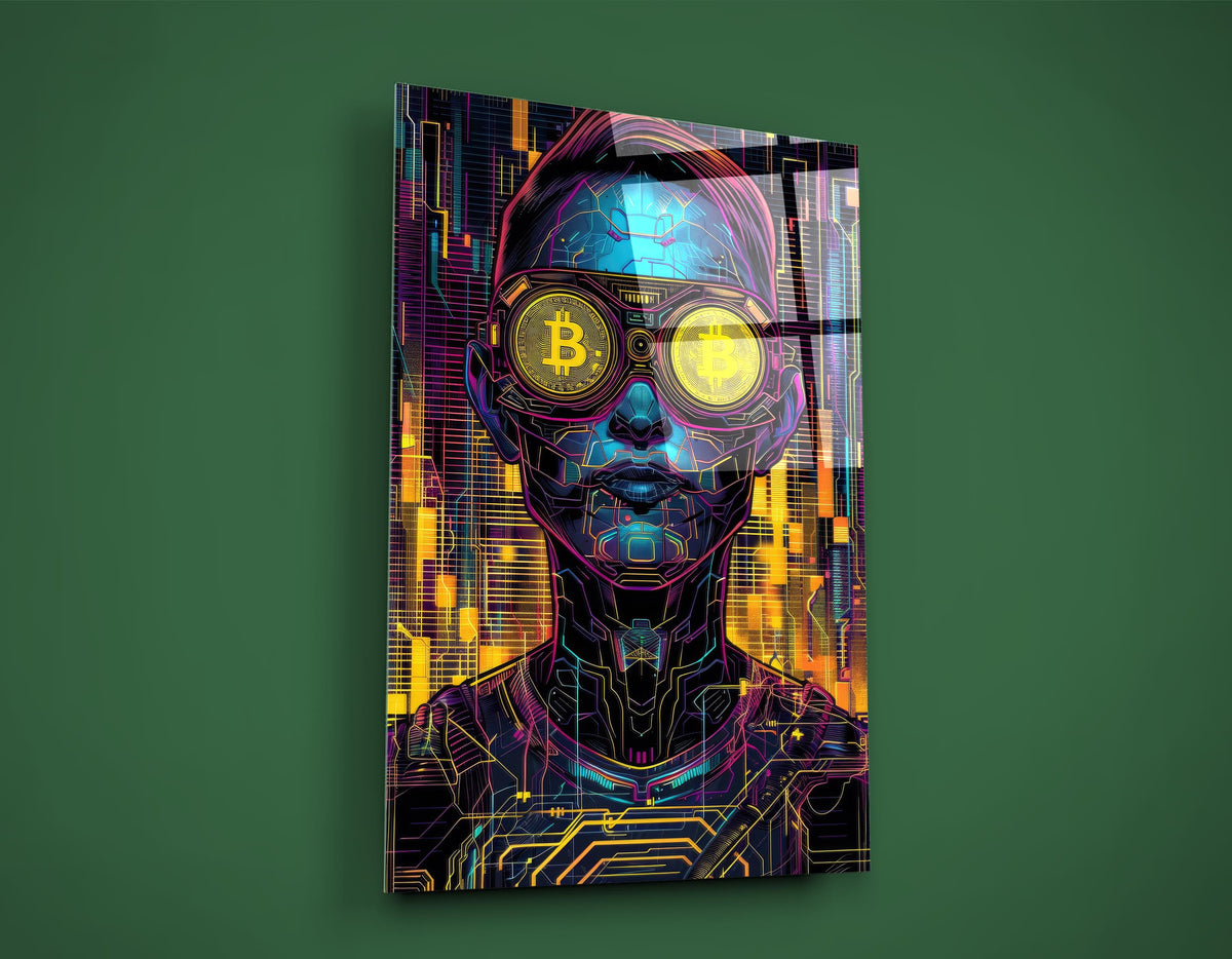 Cyberpunk Bitcoin Goggles Portrait Glass Wall Art close-up