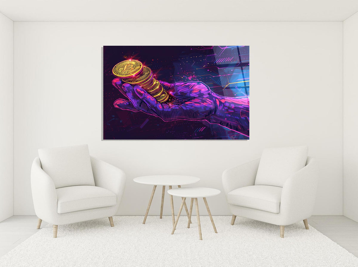 Neon Crypto Coins in Hand Glass Wall Art in a modern interior