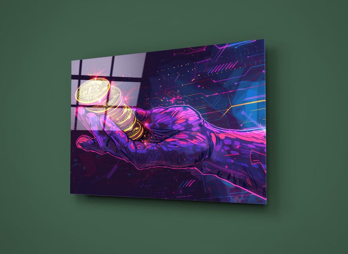 Neon Crypto Coins in Hand Glass Wall Art on the wall