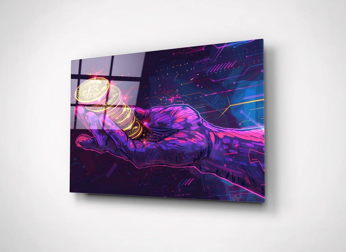 Neon Crypto Coins in Hand Glass Wall Art close-up
