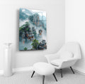 Misty Stone Pillar Mountains Glass Wall Art in a living room interior