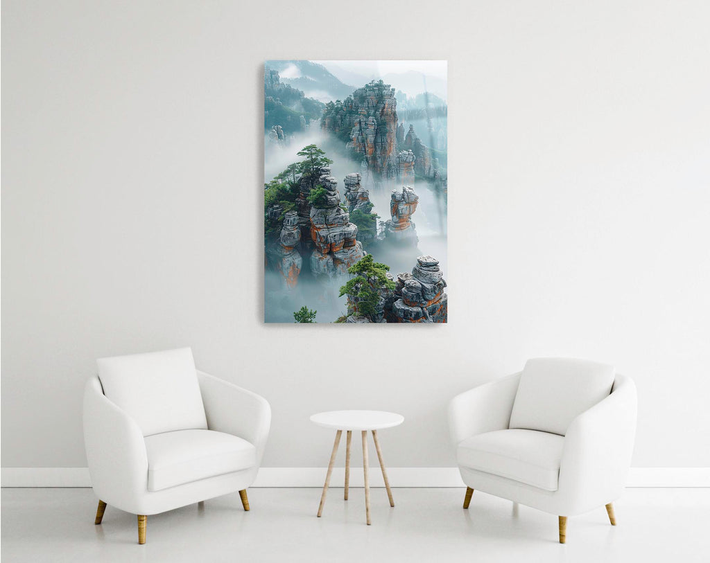 Misty Stone Pillar Mountains Glass Wall Art in a modern interior