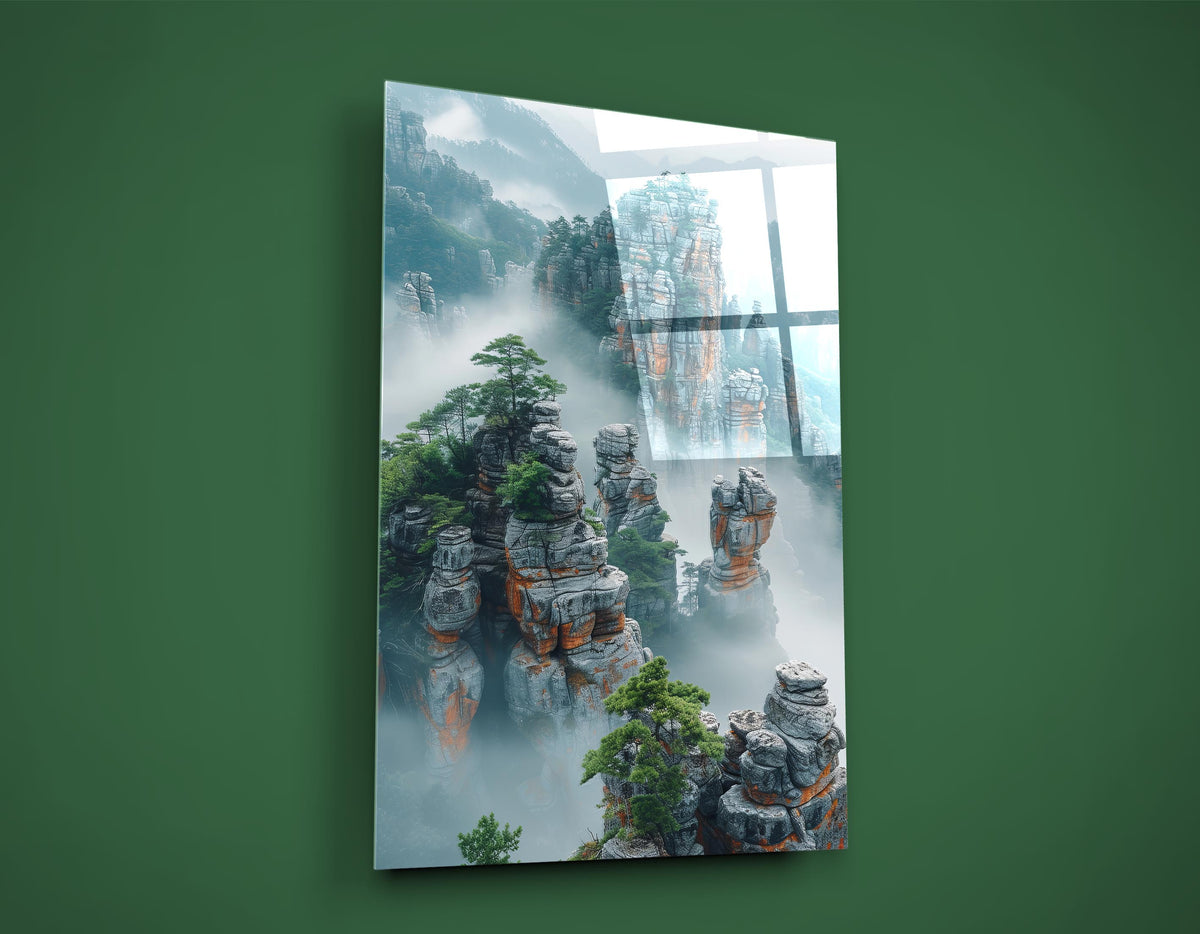 Misty Stone Pillar Mountains Glass Wall Art on the wall