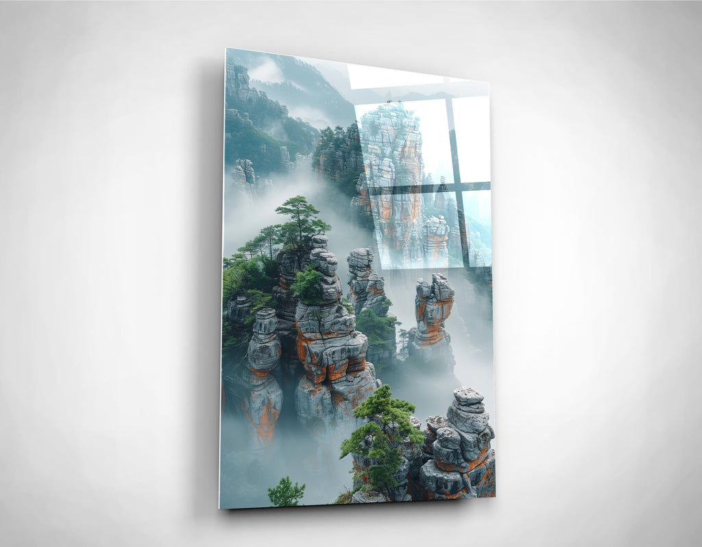 Misty Stone Pillar Mountains Glass Wall Art close-up