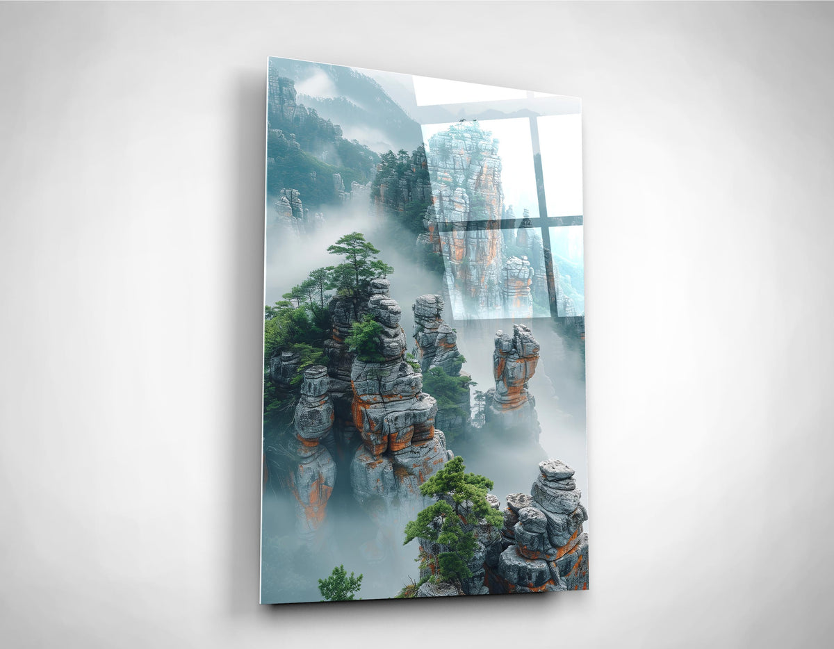 Misty Stone Pillar Mountains Glass Wall Art close-up