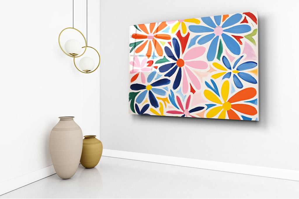 Colorful Abstract Daisies Glass Wall Art in a living room interior