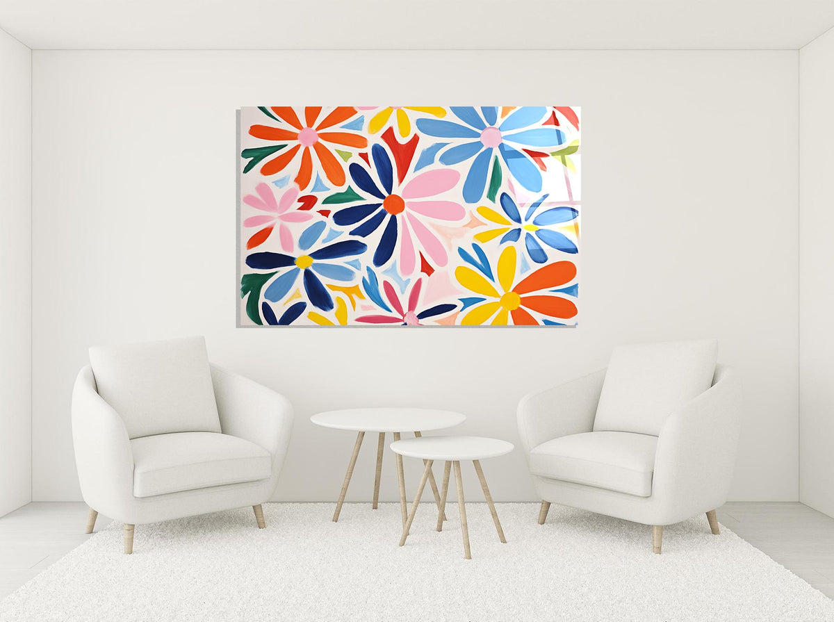 Colorful Abstract Daisies Glass Wall Art in a modern interior