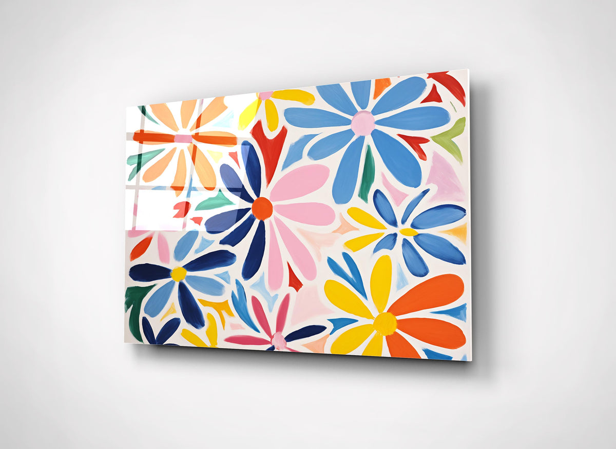 Colorful Abstract Daisies Glass Wall Art on the wall