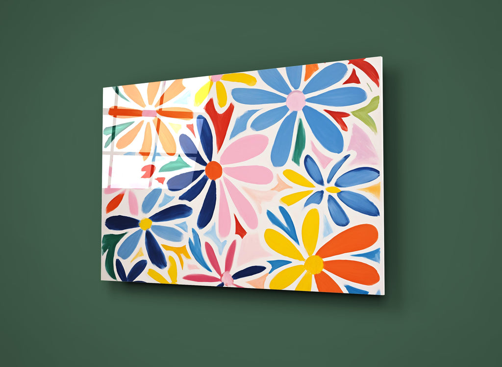 Colorful Abstract Daisies Glass Wall Art close-up