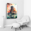 Watercolor Asian Pagoda Glass Wall Art in a living room interior